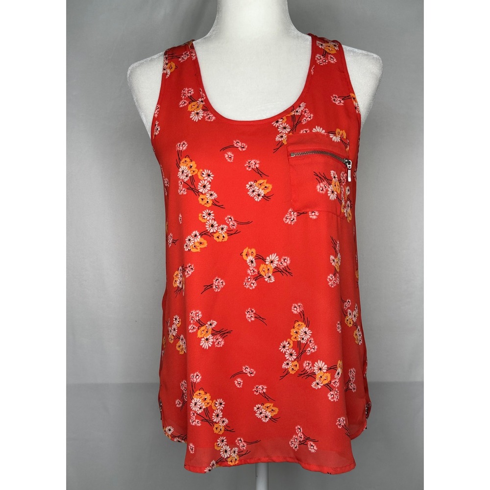 Maurices Womens Red Floral Sleeveless Blouse Zipper Pocket Side Zip Tank Top S